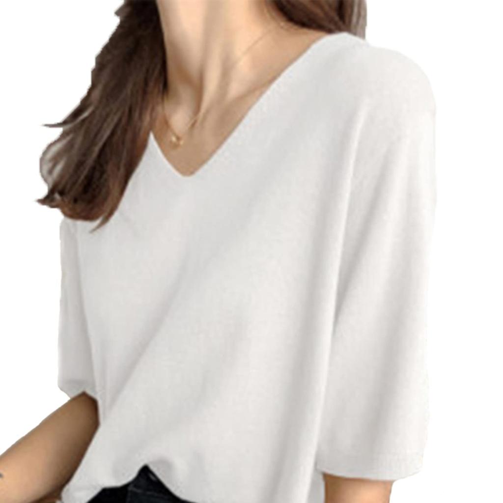 Summer Knit Short Sleeve Loose Cut and Fashionable Summer Beautiful Coordination [ANCKDOCE] Women's T-Shirt, V-Neck, Fit, Sewn, Clothes, Tops, (White)