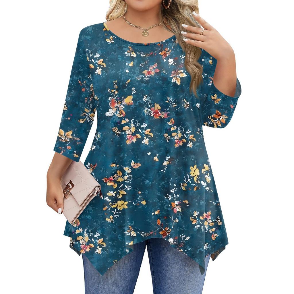 Womens Plus Size 3/4 Sleeve Shirts  Round Neck Tunic Tops Basic Loose Fit Tee Tops L-5XL