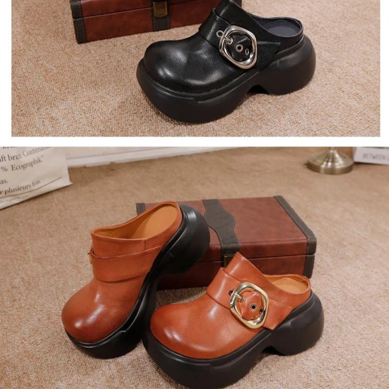 Johnature Genuine Leather Round Toe Thick Soled Shoes Retro Belt Buckle Outdoor Platform Slippers