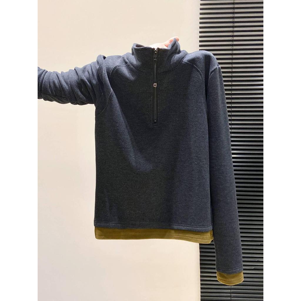 Women's Stylish Contrast Collar Long Sleeve Zipper T-Shirt, Autumn/Winter Brushed Base Layer