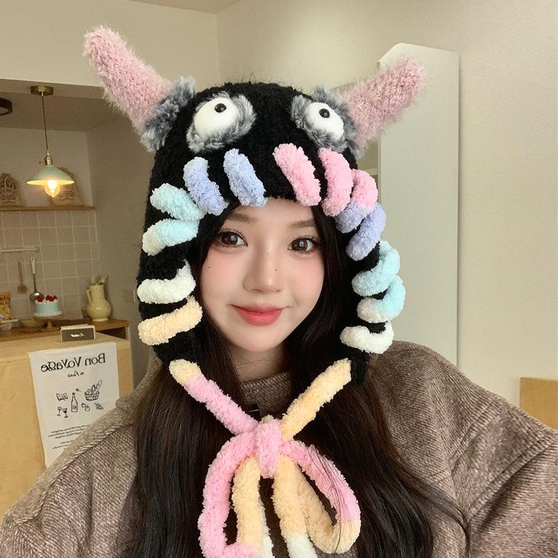 Cute and Funny Little Monster Wool Hat Women's Autumn and Winter Warm Knitted Plush Ear Protector Pullover Hat Shows Small Face