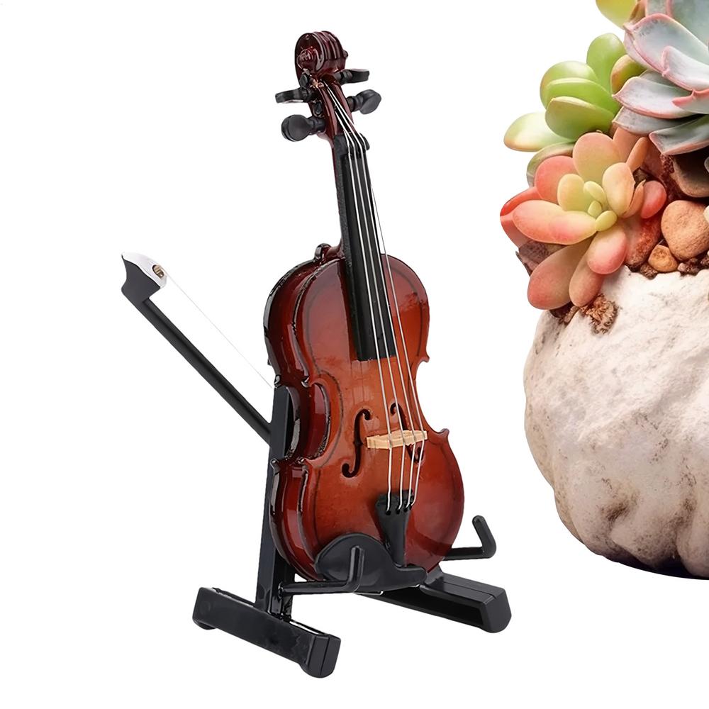 Wooden Miniature Violin With Stand Mini Violin Figurine Miniature Model With Stand Collectible Wooden Display Accessory Desk