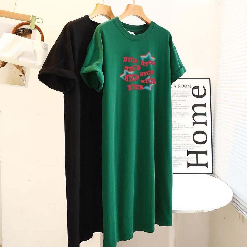 Nové těhotenské tričkové šaty s krátkým rukávem v korejském stylu na léto, volné dlouhé šaty ke kolenům a jednoduché a módní šaty