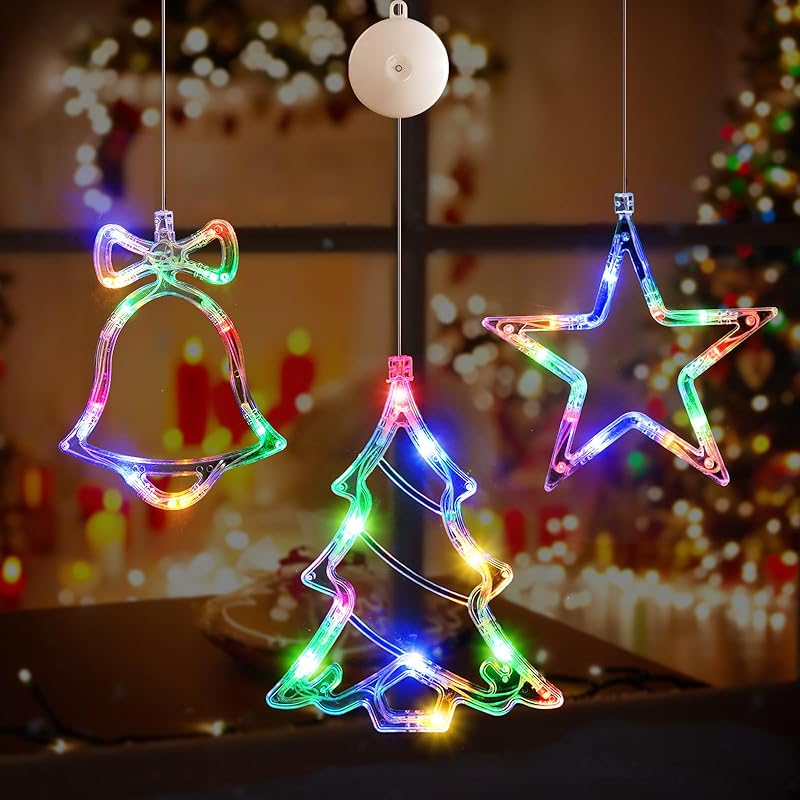 [Timer] 3Pcs Christmas Window Lights Decorations,Battery Powered Christmas Window Hanging Multicolor Lighted Tree Bell Star Shaped LED Sucker for разноцветный