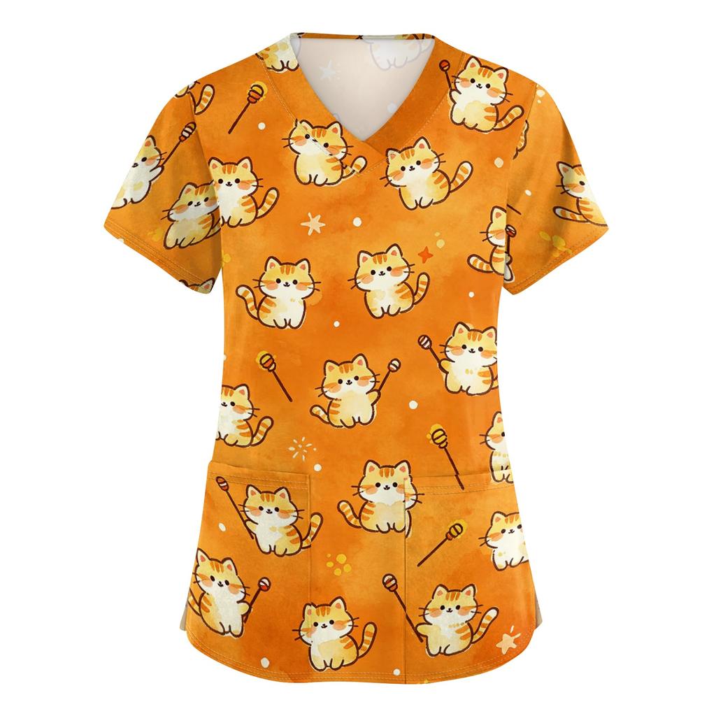 Women V Neck Short Sleeve Work Top with Pockets Animal Print Medical Scrub Shirt Comfortable Fit Durable Fabric Suitable for Healthcare Professionals