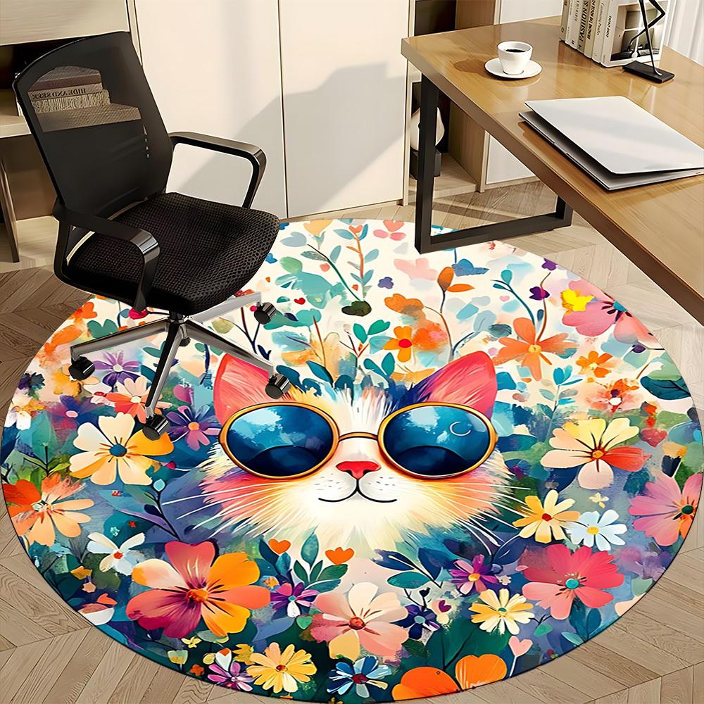 1pc Floral Cat Office Round Rug, Non-slip, Soft and Durable Office Rug for Interior Decoration, Perfect for Office,Decoration yy260204077