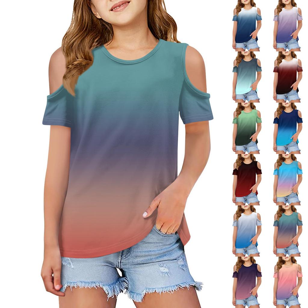 Children summer fashion T-shirt dew shoulder round collar gradient leisure coat