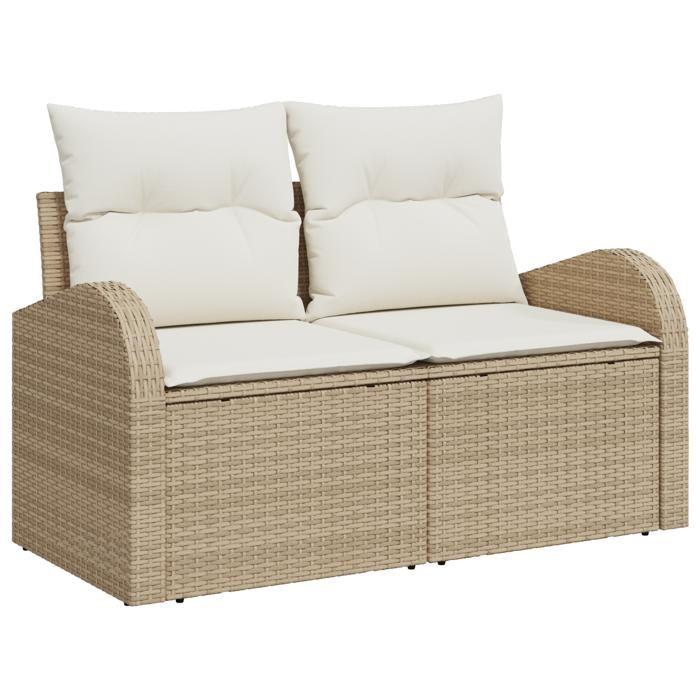 Ensemble de canapés de jardin 9 pièces avec coussins beige poly rotin, Canapé de jardin 2 places avec rangement et coussins 3357354
