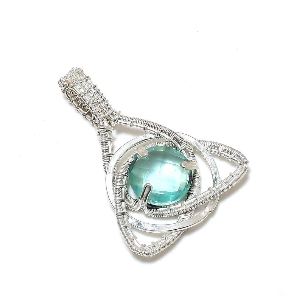 Aquamarline Gemstone Silver Pendant In 925 Sterling Silver- Handmade Design, Celtic Family Knot Wire Wrapped Everyday Jewelry, Party Wear Gift