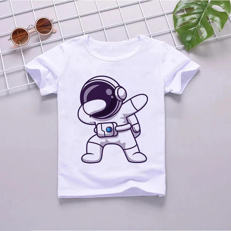 White Planet Space Crew Neck Print T-shirt Short-Sleeved Kids' Graphic Top Summer Polyester Fabric Children's Fashion