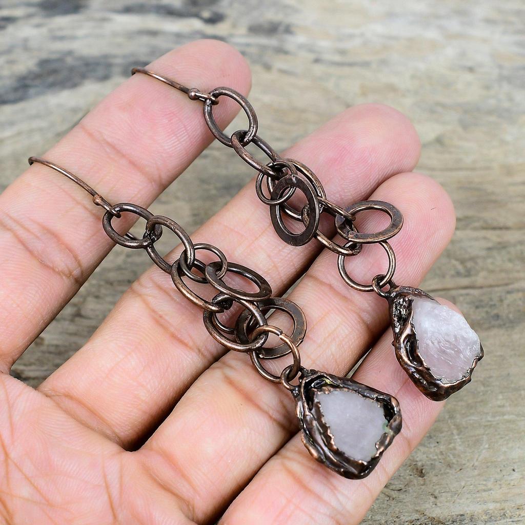 Rose Quartz Rough Earring Electroformed Copper Earrings Handmade Earring Electroformed Gemstone Jewelry Engagement Gifts Brand New Earrings