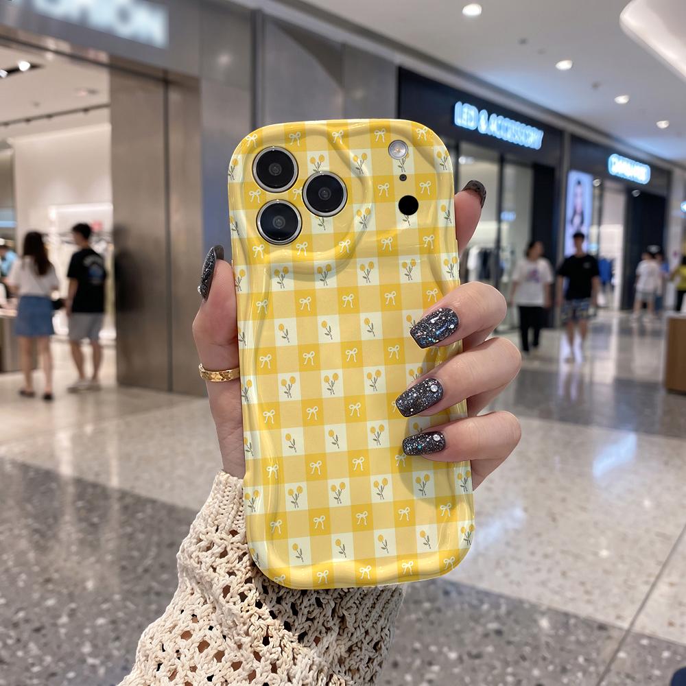 Yellow Plaid Tulip Tiny Bow Pattern Wavy Edge Phone Case For iPhone 17 16 15 14 13 12 11 8 7 Plus Pro Max Soft Protective Cover