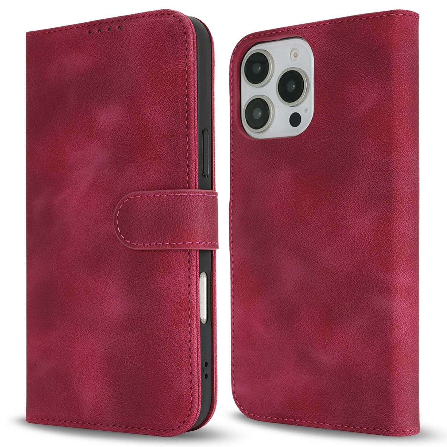 

For iPhone 16 Pro Wallet Case Double Folded Edge Skin Touch PU Leather Flip Phone Cover Wine Red
