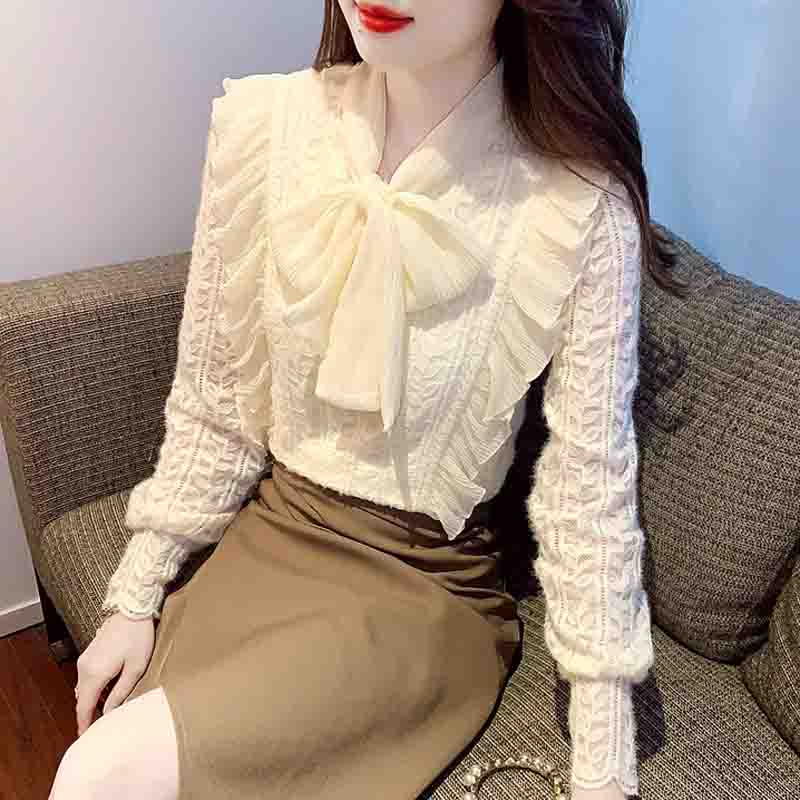 Autumn Winter Fashion New 2024 Long Sleeve Bow Collar Ruffles Velvet Lace Blouse Shirt Women Tops Blouses Shirts J757