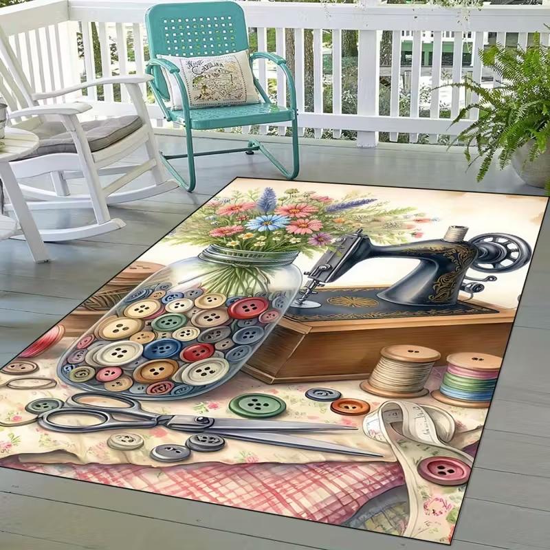 Cartoon Wishing Bottle Colorful Button Printed Carpet Retro Sewing Machine Printed Carpet Home Decoration Anti Slip Mat