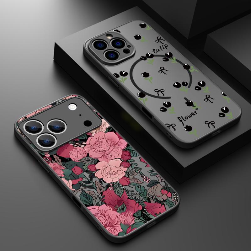 Retro Flowers Black Rose Print Case For iPhone 17 18 Pro Max Magnetic For Magsafe Slim Hybrid Matte Cover For iPhone 16 15 14 13 Pro Max 17E