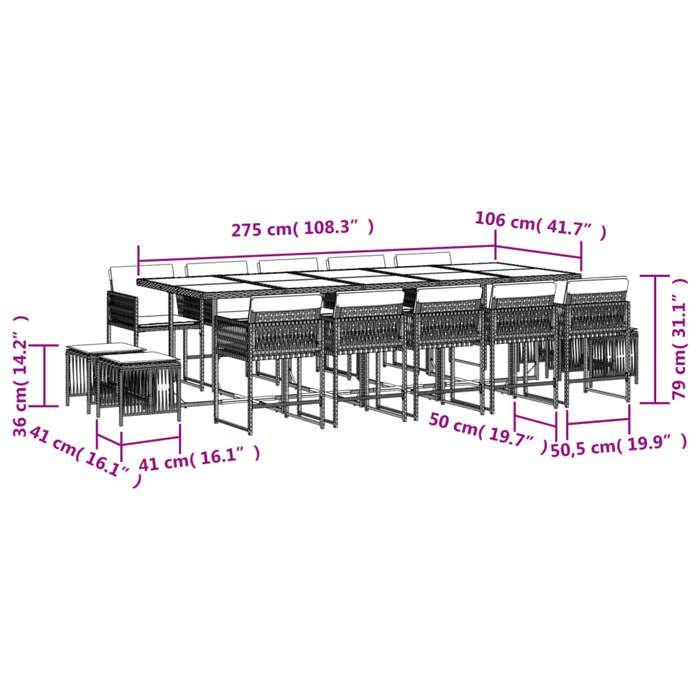 VidaXL Ensemble à Manger de Jardin avec Coussins 15 pcs, Table et Chaises à Dossier Rabattable, Meubles d'Extérieur Patio 3211531