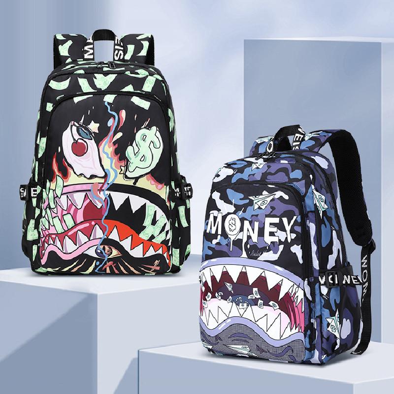 Mochila Escolar Colorida de Tubarão com Material de Nylon Impermeável para Crianças da Escola e Estampa de Desenho Animado