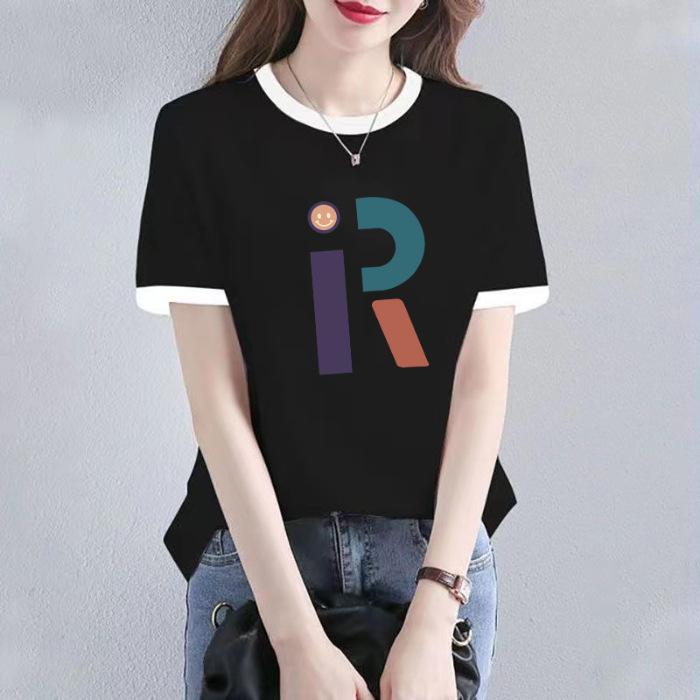 

Pure cotton short-sleeved t-shirt women s summer new, European station black and white contrasting color fashion t-shirt loose and versatile ins top 2XL чорний