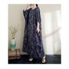 Cotton and Linen Printed Dress, Loose Robe, Lantern Sleeve Long Skirt