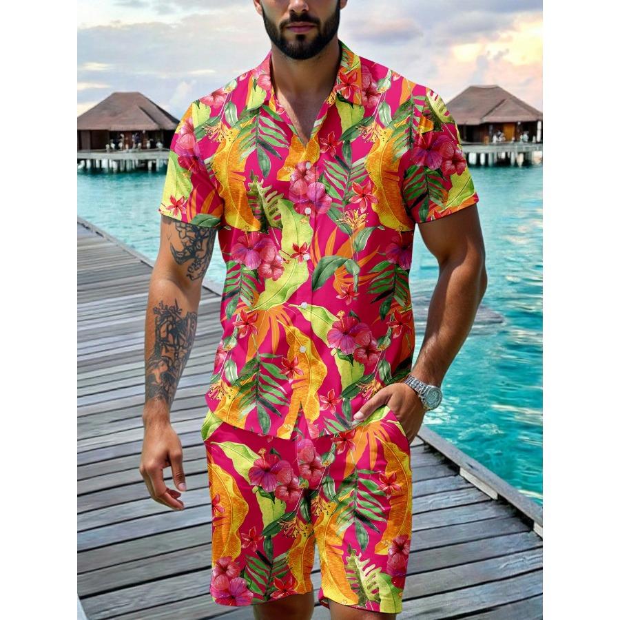 Manfinity RSRT Modisches Lässiges Luxus Blumen Digitaldruck Kurzarm Hemd und Shorts Set, Geeignet für Reife Männer