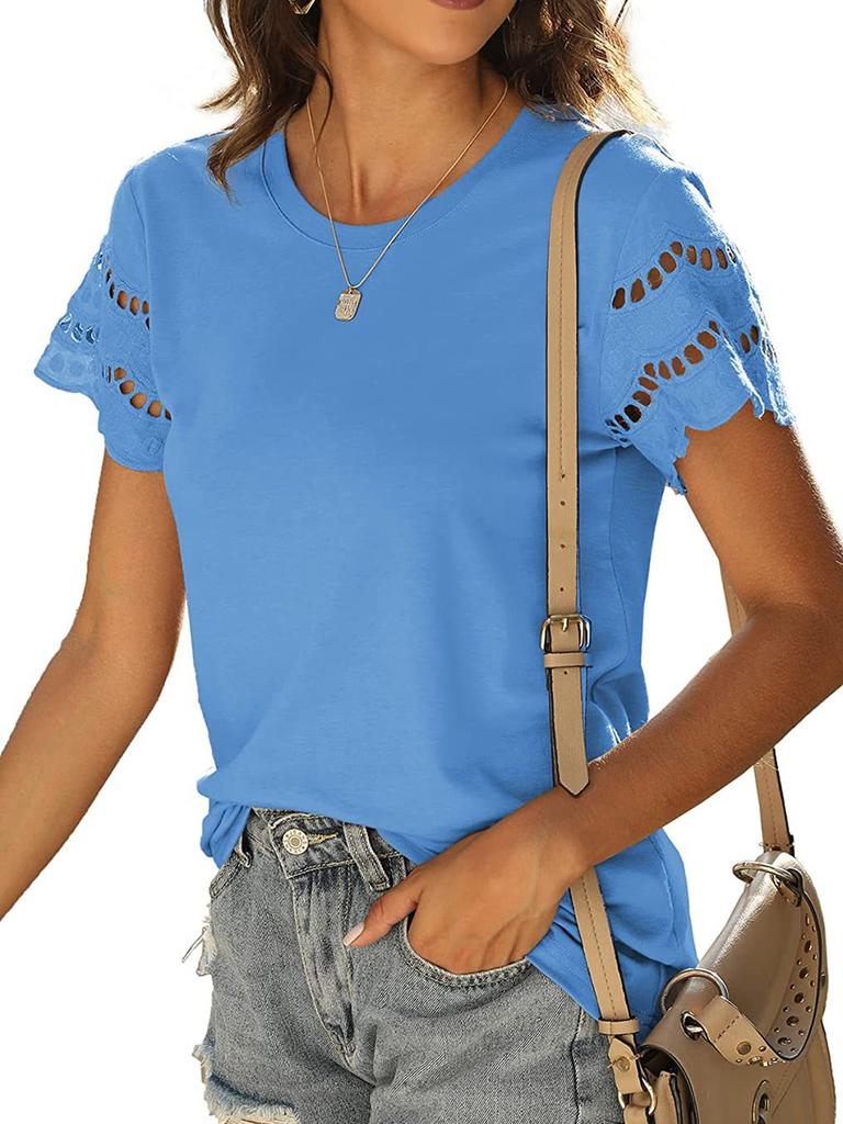 Women's Summer New Floral Lace Patchwork Short Sleeve T-Shirt Crew Neck Slim Fit Top
