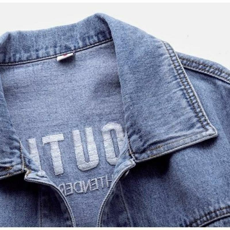 Damen Herbst Koreanischer Stil Jeans Kurzjacke All-Match Bestickte Jacke Lässiger Lockerer Einfarbiger Mantel Damen