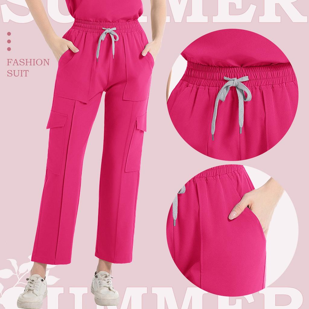 Women's Short Sleeved Color V Neck Pocket Top Pants Work Clothes Two Piece Set