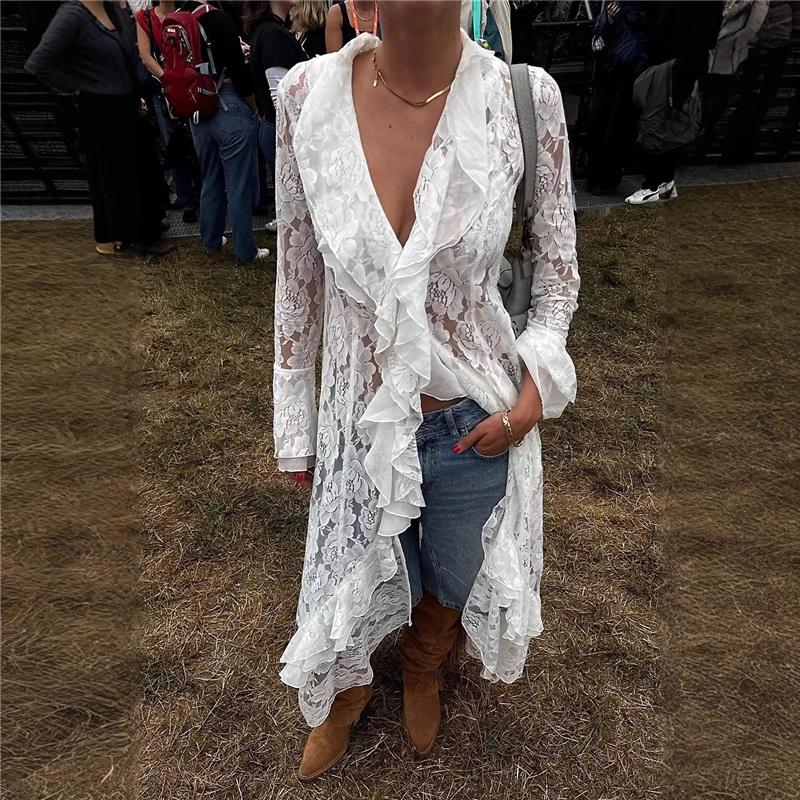 New Lace See-through Sun Protection Long Dress, Cardigan, Bikini Beach Cover-up