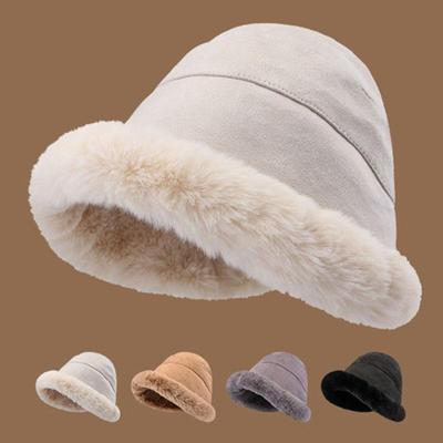Autumn Winter Bucket Hat for Women Thickened Warm Wool Cap Dome Wide Brim Hat Soild Color Windproof Hat Clothes Accessories