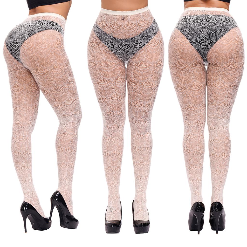 Plus Size Hollow Mesh Open Crotch  Fishnet Pantyhose Stretchy Tights for Oversize Women Sexy Lingerie Black Stockings