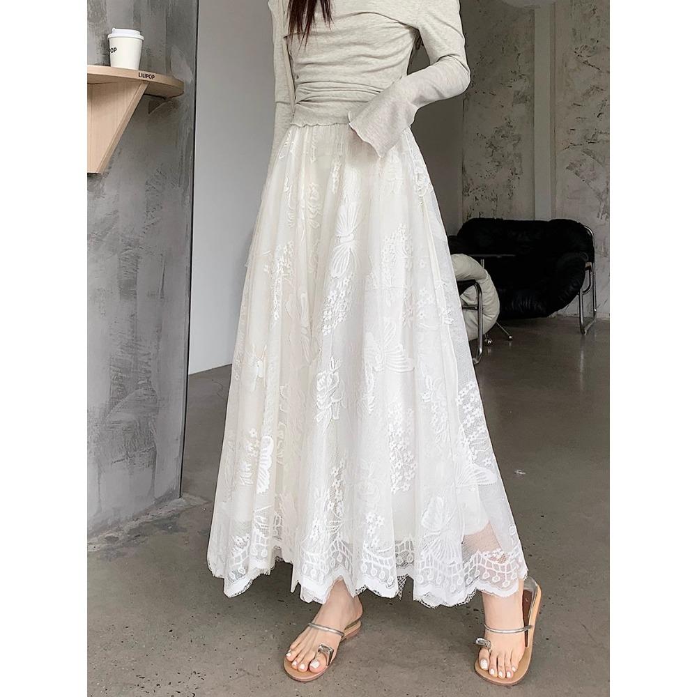 DIMANAF 2025 Summer Women New White Skirts Vintage Elastic Pleated Elegant  Long Skirts Lace High Waist