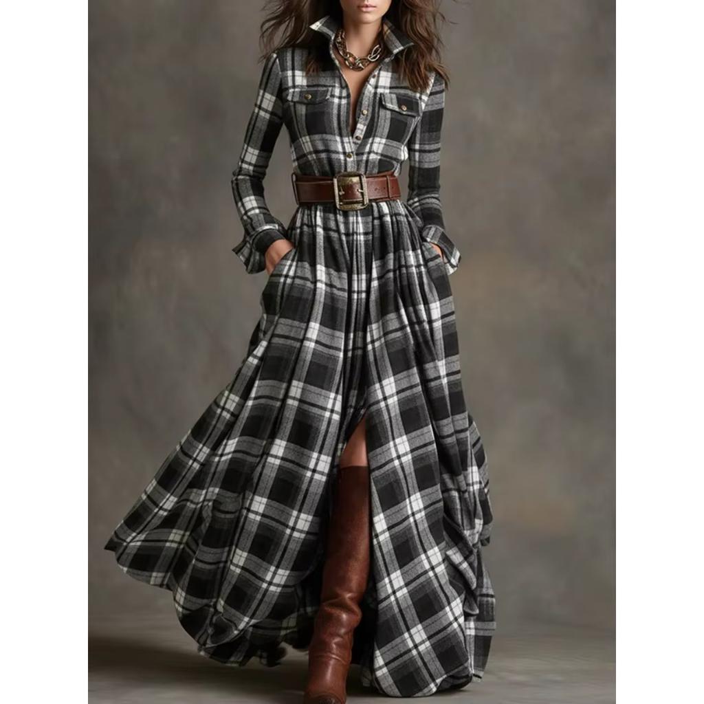 LYRIA French Women's Plaid Dress Shirt Button Cardigan Lapel Fashion Belt Pocket Irregular Design A-line Long Skirt for Female