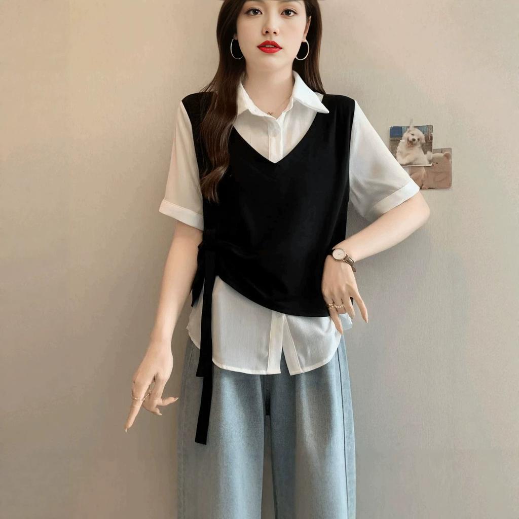 Summer new casual fake two-piece lapel splicing top versatile age-reducing thin short-sleeved contrasting shirt
