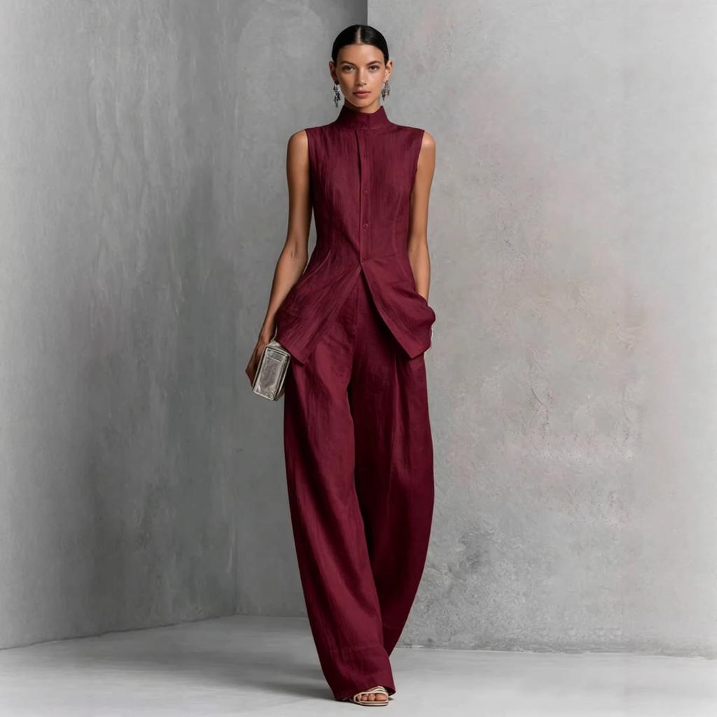 2026 European and American Amazon Cross-border Independent Site Draped Cotton-Linen Shirt Solid Color Fashionable Elegant Sleeveless Long Pants Set