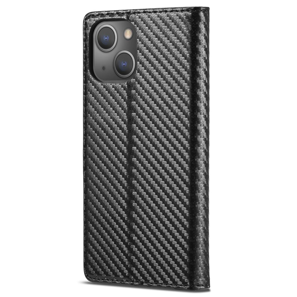 LC.IMEEKE For iPhone 15 Scratch Resistant Leather Stand Cover Carbon Fiber Texture Wallet Phone Case