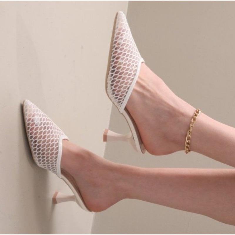 

Новые женские шлепанцы-мюли с сеткой и острым носком, летние босоножки на каблуке, модные неглубокие лоферы, сексуальные туфли-лодочки, вечерние сандалии 42 белый