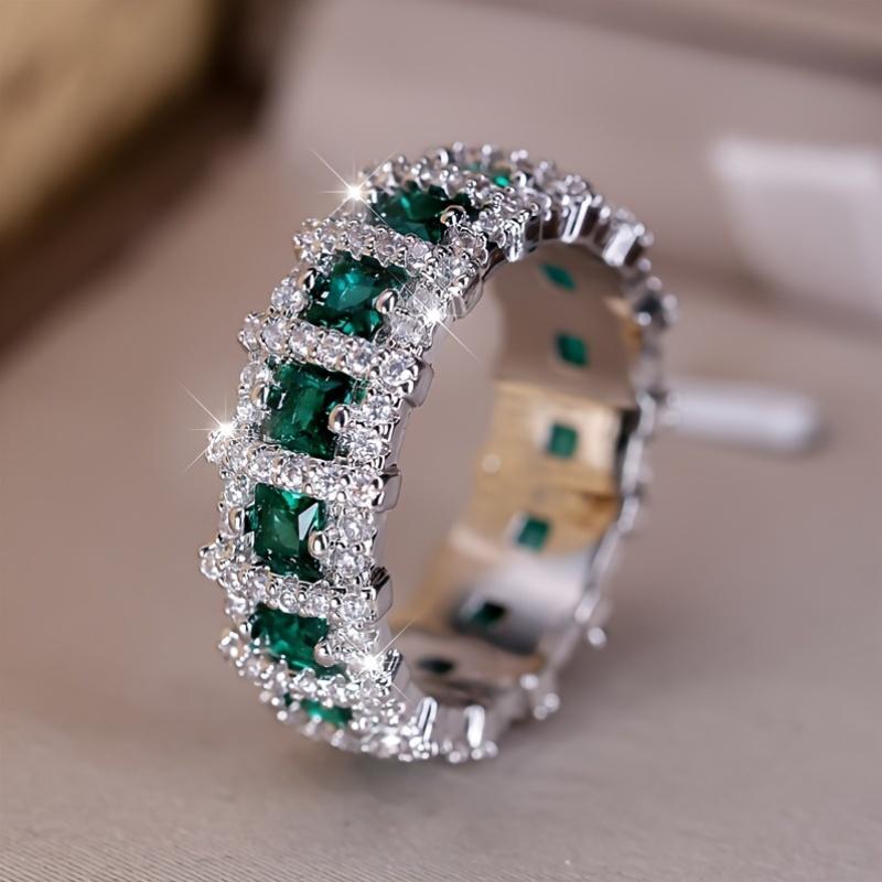 

Кольцо для помолвки Eternity Silver Color Princess Cut Green Cub Zirconia для женщин, обручальные кольца для вечеринки, ювелирные изделия, подарок 10 зелёный/серебряный