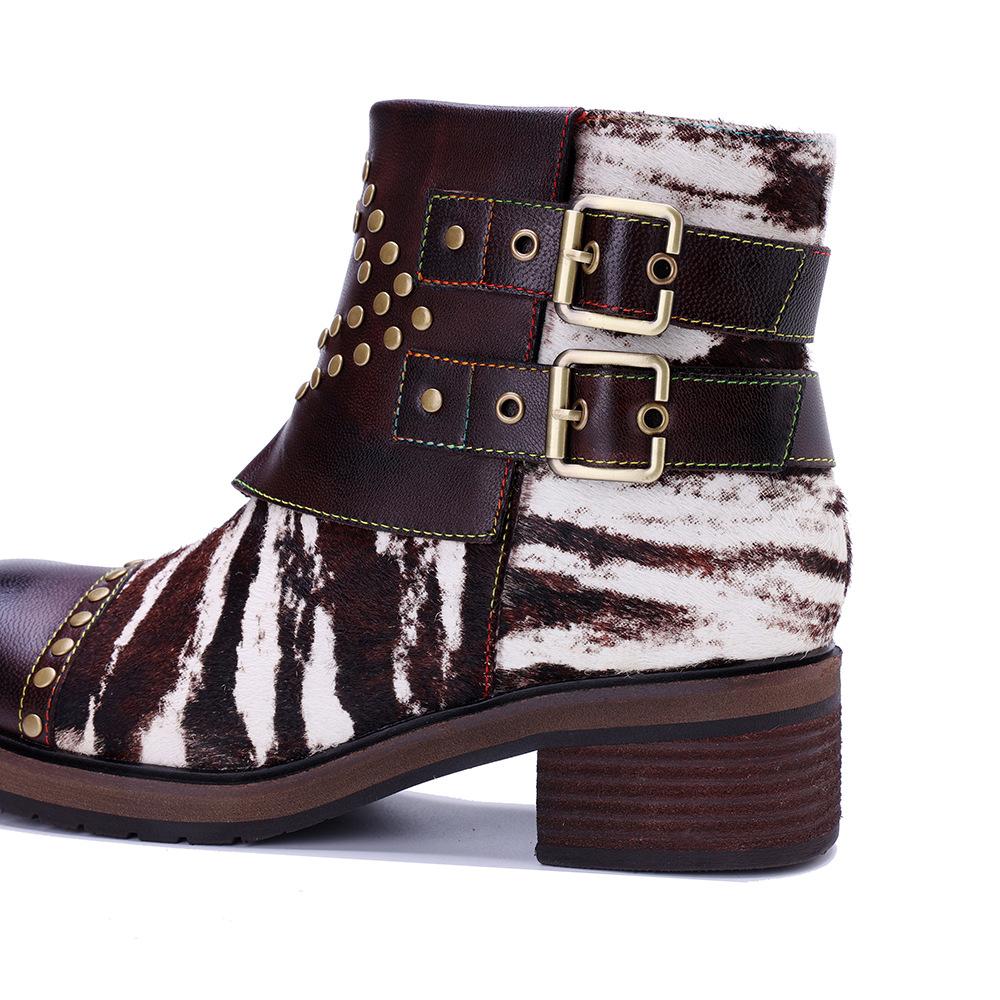 Johnature Genuine Leather Horsehair Patchwork Short Boots Retro Rivet Thick Heel Women's Boots