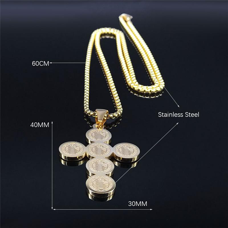 Saint Benedict Cross Necklace Stainless Steel Gold Color Religious Jesus Necklaces Catholic Jewelry colier homme NXH39S02