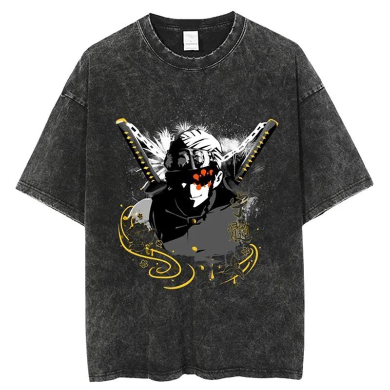 Anime Demon Slayer Rengoku Kyoujurou Printed T Shirt Men Women Manga Tshirts Vintage Washed T-Shirt Harajuku Manga Cotton Tops