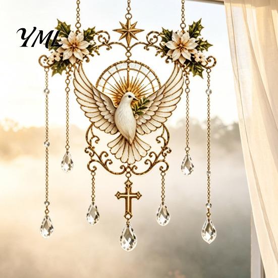 Stained Glass Angel Window Hanging Effect Blessing Suncatcher, Acrylic Prayer Space Ornament with Faux Crystal Charm for Home Garden Decor