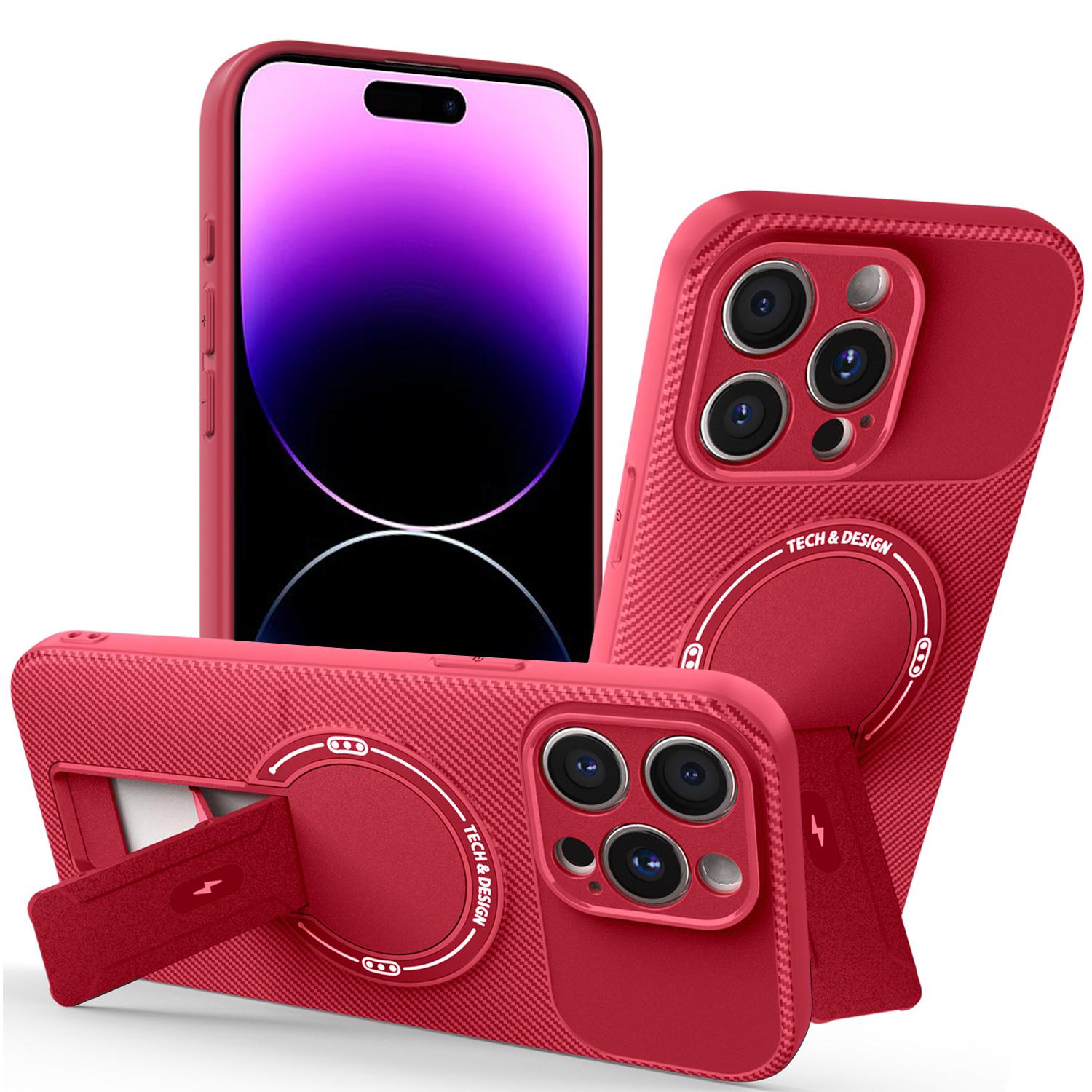 

For iPhone 14 Pro Case with Kickstand Carbon Fiber Texture PC+TPU Phone Cover Red