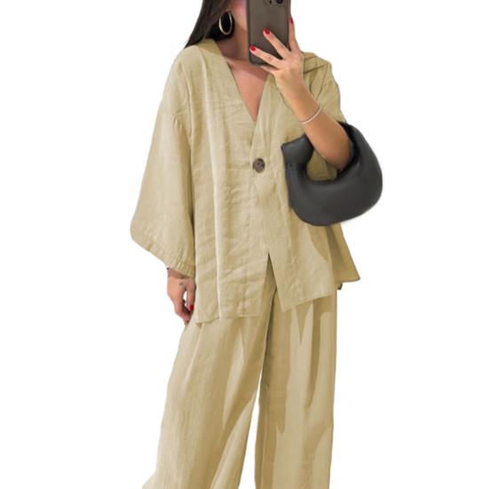 

Женский комплект из двух частей из хлопка и льна, топ с длинным рукавом и V-образным вырезом на пуговицах, широкие брюки, повседневная домашняя одежда XXL абрикосовый