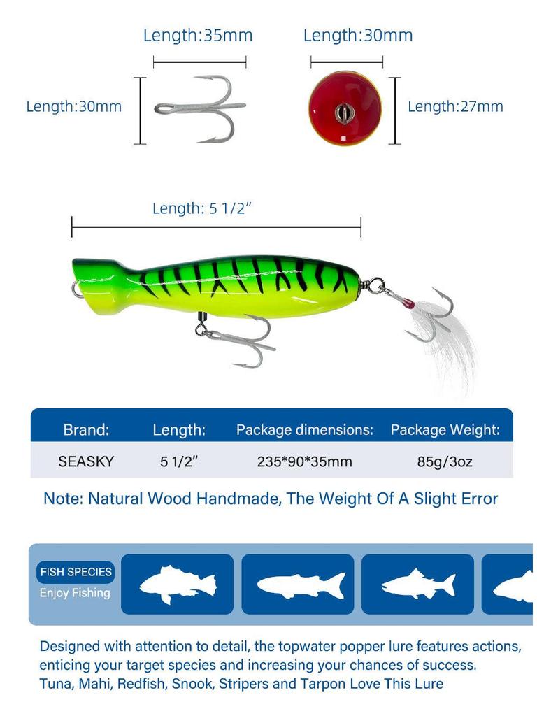 Seasky 5.5" Wooden Popper Fishing Lure for Tuna & Sea Bass