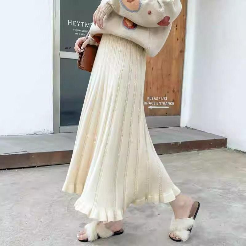 A-Line Women's Autumn Winter Knitted Midi Skirt Slim-Fitting High Waist Wool Half Skirt
