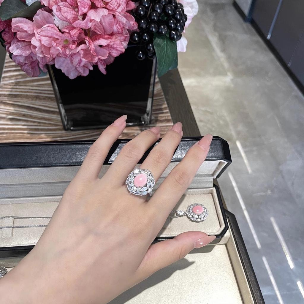 Exquisite luxury Design Zircon Sets with Pink Quartz Zircon Pendant Necklaces Earrings copper Color Rings Wedding 3 Piece Set