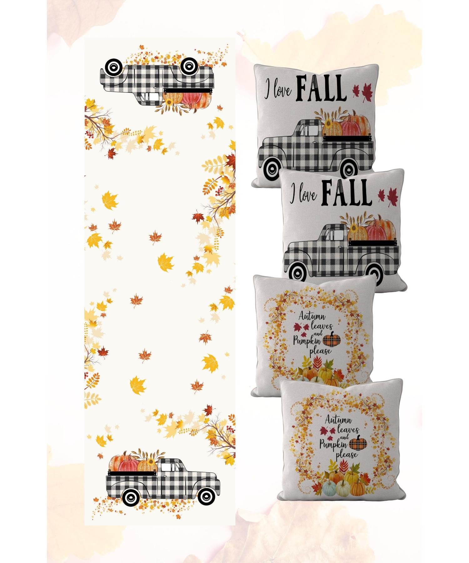 

Осенняя дорожка с тыквенной тематикой и комплект чехлов для подушек с двусторонним узором