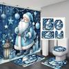 Blue Dreamy Santa Christmas-Themed Bathroom Set - Fade-Resistant Shower Curtain With Hooks, Non-Slip Rug, U-Shaped Mat & Toilet
