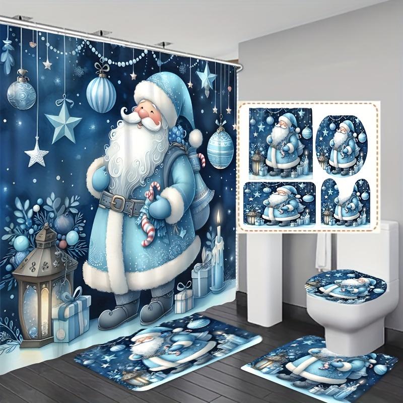 Blue Dreamy Santa Christmas-Themed Bathroom Set - Fade-Resistant Shower Curtain With Hooks, Non-Slip Rug, U-Shaped Mat & Toilet